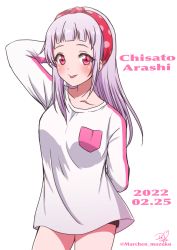 Rule 34 | 1girl, arashi chisato, birthday, blush, breasts, character name, collarbone, commentary, dated, english text, hair down, hairband, highres, long hair, looking at viewer, love live!, love live! superstar!!, medium breasts, polka dot hairband, red eyes, ric. (marchen mozuku), signature, single sidelock, solo, tongue, tongue out, twitter username, white background, white hair