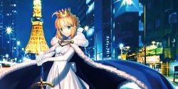 Rule 34 | artoria pendragon (all), artoria pendragon (fate), blonde hair, blue cape, cape, crown, dress, fate/grand order, fate/stay night, fate (series), gloves, green eyes, highres, looking at viewer, official alternate costume, official art, photo background, saber (fate), saber (under the same sky) (fate), saber (weapon), solo, sword, takeuchi takashi, weapon, wedding dress, white dress, white gloves