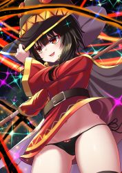 Rule 34 | 1girl, :d, arms up, belt, belt buckle, black hair, black hat, black panties, black ribbon, buckle, commentary request, dress, from below, gluteal fold, hand on headwear, hat, highres, holding, holding staff, kono subarashii sekai ni shukufuku wo!, long hair, long sleeves, magic, megumin, midriff peek, navel, open mouth, outstretched arm, panties, pantyshot, red dress, red eyes, ribbon, side-tie panties, smile, solo, sparkle, staff, standing, templus, thighs, underwear, upskirt, v-shaped eyebrows, witch hat