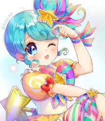 Rule 34 | 1girl, :3, ;d, blue eyes, blue hair, blush, bow, commentary request, dress, hair bun, hair ornament, hand up, holding, looking at viewer, multicolored hair, nail polish, one eye closed, open mouth, pinon (pripara), pretty series, pripara, purple hair, red bow, short hair, sidelocks, single side bun, smile, solo, star (symbol), star hair ornament, streaked hair, striped, striped bow, touyama soboro, white background, winding key, yellow dress, yellow nails