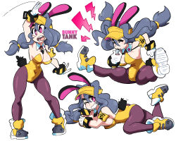 Rule 34 | animal ears, blowing whistle, borrowed character, breasts, bright pupils, cleavage, detached collar, gloves, grey hair, highres, leotard, long hair, low-tied long hair, lying, medium breasts, one eye closed, original, pantyhose, pink eyes, playboy bunny, purple pantyhose, rabbit ears, rabbit tail, scott malin, shoes, simple background, strapless, strapless leotard, tail, tank (bongfill), twintails, whistle, white background, white gloves, white pupils, wrist cuffs, yellow headwear, yellow leotard