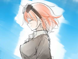 Rule 34 | 1girl, alternate hair length, alternate hairstyle, amano tora, cardigan, closed eyes, closed mouth, collared shirt, floating hair, from side, goggles, goggles on head, highres, kazenoko, light smile, orange hair, original, shirt, sketch, smile, solo, upper body
