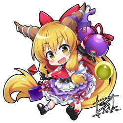 Rule 34 | 1girl, :d, arm up, black footwear, blonde hair, blush, bow, chain, chibi, commentary request, cuffs, fang, frilled skirt, frills, full body, gourd, hair between eyes, hair bow, holding, horn bow, horn ornament, horns, ibuki suika, long hair, looking at viewer, open mouth, purple bow, red bow, ribbon-trimmed skirt, ribbon trim, shackles, sidelocks, signature, simple background, skirt, sleeveless, smile, socks, solo, tirotata, touhou, very long hair, white background, white socks, yellow eyes