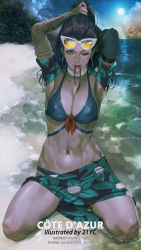 Rule 34 | 1girl, 21yc (september breeze), adjusting hair, arm tattoo, armlet, beach, bikini, bracelet, breasts, cleavage, colored skin, cote d&#039;azur widowmaker, day, eyewear on head, front-tie bikini top, front-tie top, highres, jewelry, looking at viewer, navel, official alternate costume, one eye closed, overwatch, overwatch 1, purple hair, purple skin, sarong, sitting, smile, solo, stomach, sunglasses, swimsuit, tattoo, toned, wariza, water, widowmaker (overwatch)