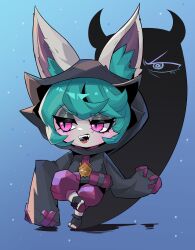 1girl :d absurdres animal_ear_fluff animal_ears beseunaj-jamjaneun_gemdol-i black_hoodie blue_background ears_through_headwear gradient_background green_hair highres hood hoodie league_of_legends open_mouth pants pink_eyes pink_pants sharp_teeth short_hair sleeves_past_fingers sleeves_past_wrists smile teeth toeless_footwear vex_(league_of_legends) vex_shadow_(league_of_legends)