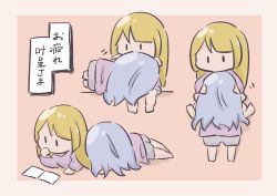 Rule 34 | 2girls, arm support, assault lily, barefoot, blonde hair, book, border, brown border, chibi, commentary request, facing away, grey hair, grey shorts, hand on own chin, hands on another&#039;s head, head rest, highres, kabayaki (kabayaki eel), kon kanaho, lap pillow, long hair, long sleeves, looking at another, looking at object, lying, lying on person, miyagawa takane, motion lines, multiple girls, multiple views, no mouth, on side, on stomach, open book, orange background, outside border, purple shirt, reading, shirt, shorts, simple background, sitting, solid oval eyes, swept bangs, translation request
