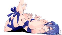 Rule 34 | 1girl, absurdres, aqua (kingdom hearts), arms behind back, ass, barefoot, bdsm, blue eyes, blue hair, blush, bondage, bound, bound ankles, bound wrists, bow, bowtie, breast press, breasts, breasts squeezed together, butt crack, clenched teeth, embarrassed, feet, feet up, female focus, full body, highres, kingdom hearts, kingdom hearts birth by sleep, lips, looking at viewer, lying, matching hair/eyes, medium breasts, naked ribbon, nr.zehn, on stomach, plantar flexion, restrained, ribbon, ribbon bondage, shadow, shiny skin, short hair, simple background, solo, teeth, top-down bottom-up, white background