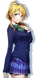Rule 34 | 1girl, ayase eli, blazer, blonde hair, blouse, blue eyes, blue skirt, bow, bowtie, green bow, green bowtie, hair ornament, hair scrunchie, hand on own chest, highres, jacket, light smile, long sleeves, looking at viewer, love live!, love live! school idol project, nakano maru, plaid, plaid skirt, ponytail, school uniform, scrunchie, shirt, short hair, simple background, skirt, solo, striped bow, striped bowtie, striped clothes, striped neckwear, thighs, white background, white scrunchie, white shirt