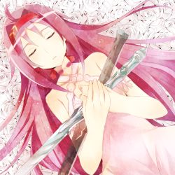 Rule 34 | 1girl, ahoge, breasts, collarbone, dress, closed eyes, flower, from above, hair between eyes, hair intakes, hairband, halterneck, highres, holding, holding sword, holding weapon, long hair, lying, mady (madine08260), on back, parted lips, purple hair, red hairband, red ribbon, ribbon, rose, sleeveless, sleeveless dress, small breasts, solo, sword, sword art online, tears, upper body, very long hair, weapon, white dress, white flower, white rose, yuuki (sao)