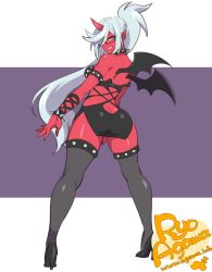 Rule 34 | 10s, 1girl, agawa ryou, artist name, ass, bad id, bad tumblr id, black-framed eyewear, black thighhighs, blue hair, bracelet, breasts, butt crack, collar, colored skin, demon girl, demon wings, fang, glasses, grin, hair over one eye, high heels, horns, jewelry, kneesocks (psg), long hair, looking at viewer, looking back, panty &amp; stocking with garterbelt, ponytail, red skin, single horn, smile, solo, spiked bracelet, spiked collar, spikes, thighhighs, thighs, very long hair, watermark, web address, wings