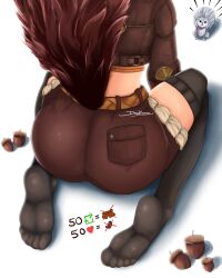 1girl absurdres acorn ass ass_focus black_thighhighs brown_jacket commentary cropped_jacket dan_boonie english_commentary from_behind highres jacket lower_body marvel marvel_rivals midriff seiza short_shorts shorts sitting soles squirrel squirrel_girl squirrel_girl_(marvel) squirrel_tail tail thighhighs thighs toes