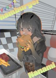 Rule 34 | 1girl, black dress, black gloves, black horns, burger, character name, cheese, coca-cola, dress, drinking straw, eating, fake horns, fast food, food, food in mouth, food name, french fries, glass, gloves, grey eyes, grey hair, highres, holding, holding food, horns, lettuce, long hair, nanami: storm (punishing: gray raven), nanami (punishing: gray raven), punishing: gray raven, sidelocks, sitting, small horns, solo, tomato, yongsadragon