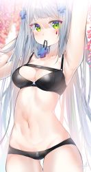 Rule 34 | 1girl, arm up, bad id, bad pixiv id, bikini, black bikini, blunt bangs, blurry, blush, breasts, cleavage, cowboy shot, cross hair ornament, facial mark, flower, girls&#039; frontline, glint, gluteal fold, green eyes, groin, hair ornament, unworn hair ornament, hair tie, hair tie in mouth, hand up, highres, hk416 (girls&#039; frontline), long hair, looking at viewer, medium breasts, mouth hold, silver hair, smile, solo, straight hair, strap gap, swimsuit, urim (paintur), white background, wisteria