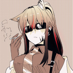 Rule 34 | 1girl, animal ear fluff, animal ears, arknights, breasts, chihuri, cigarette, collared shirt, ear piercing, gloves, hair between eyes, hand up, highres, holding, holding cigarette, jacket, long hair, long sleeves, medium breasts, monochrome, multicolored hair, off shoulder, open clothes, open jacket, parted lips, piercing, ponytail, red hair, shirt, smoke, solo, streaked hair, striped, striped background, sunglasses, texas (arknights), vertical stripes