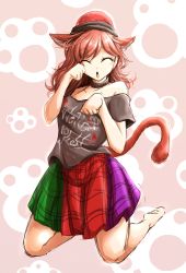 Rule 34 | 1girl, animal ears, bare shoulders, barefoot, black shirt, blush stickers, cat ears, cat tail, closed eyes, clothes writing, collar, collarbone, darjeeling (reley), hat, hecatia lapislazuli, highres, kneeling, legs, long hair, looking at viewer, multicolored clothes, multicolored skirt, off-shoulder shirt, off shoulder, paw pose, pink background, red hair, shirt, sketch, skirt, solo, tail, touhou