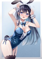 Rule 34 | 1girl, animal ears, armpits, arms up, bare shoulders, black hair, black thighhighs, blue bow, blue eyes, blue leotard, blush, bow, breasts, center frills, cleavage, collar, commentary request, detached collar, flying sweatdrops, frilled collar, frills, garter straps, groin, highres, leotard, long hair, looking at viewer, maid headdress, medium breasts, open mouth, original, playboy bunny, rabbit ears, rabbit tail, sakura hiyori, solo, strapless, strapless leotard, tail, thighhighs, very long hair, white collar, wing collar, wrist cuffs