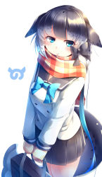 Rule 34 | 10s, 1girl, absurdres, adapted costume, bag, black bow, black skirt, blue bow, blue bowtie, blue eyes, blue hair, bow, bowtie, cetacean tail, commentary request, fins, fish tail, grey hair, hair bow, highres, japari symbol, kanzakietc, kemono friends, looking at viewer, multicolored hair, narwhal (kemono friends), plaid, plaid scarf, pleated skirt, scarf, school uniform, serafuku, simple background, skirt, solo, tail, white background