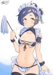 Rule 34 | 1girl, absurdres, alternate costume, alternate hairstyle, ayuman, bikini, black bikini, black hair, black thighhighs, breasts, collarbone, commentary request, commission, cowboy shot, dated, embarrassed, enmaided, frilled bikini, frills, green eyes, hair ornament, hairclip, highres, kantai collection, kuroshio (kancolle), looking at viewer, maid, maid bikini, maid headdress, ponytail, short hair, shrug (clothing), signature, small breasts, solo, swimsuit, thighhighs, unconventional maid, white background, wrist cuffs