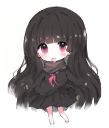 Rule 34 | 1girl, :d, bad id, bad pixiv id, barefoot, black hair, black serafuku, black shirt, black skirt, blush, brown scarf, chibi, commentary request, cottontailtokki, fang, fate/grand order, fate (series), full body, highres, long hair, long sleeves, looking at viewer, neckerchief, open mouth, oryou (fate), pleated skirt, red eyes, red neckerchief, scarf, school uniform, serafuku, shirt, skirt, smile, solo, standing, very long hair