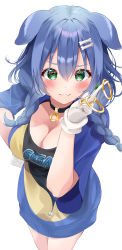 Rule 34 | 1girl, :3, absurdres, alternate eye color, alternate hair color, animal ears, asphalt494, black shirt, blue hair, blush, bone hair ornament, braid, breasts, cleavage, closed mouth, clothes writing, collar, dog ears, fangs, fangs out, gloves, green eyes, hair ornament, highres, hololive, hood, hoodie, index finger raised, inugami korone, inugami korone (sonikoro), large breasts, ring (sonic), sega, shirt, solo, sonic (series), twin braids, virtual youtuber, white gloves