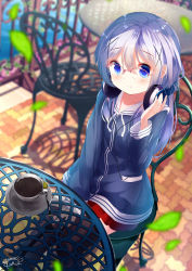 Rule 34 | 1girl, bespectacled, black thighhighs, blue eyes, blue hair, blue shirt, blurry, blurry background, blurry foreground, blush, chair, chinomaron, closed mouth, coffee, collarbone, commentary request, cup, day, depth of field, drawstring, fingernails, glasses, gochuumon wa usagi desu ka?, hair between eyes, hand on headphones, hand up, headphones, headphones around neck, highres, kafuu chino, leaf, long hair, long sleeves, looking at viewer, outdoors, over-rim eyewear, pink-framed eyewear, pleated skirt, railing, red skirt, sailor collar, saucer, semi-rimless eyewear, shadow, shirt, sitting, skirt, sleeves past wrists, smile, solo, spoon, table, teacup, thighhighs, very long hair, water, white sailor collar, zipper pull tab