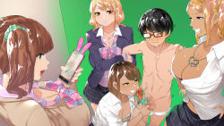 Rule 34 | 1boy, 4girls, arm grab, blonde hair, blue eyes, blush, bow, bowtie, breasts, brown hair, caressing testicles, cellphone, censored, cleavage, clenched teeth, crying, embarrassed, eyebrows hidden by hair, folded ponytail, from above, glasses, green eyes, gyaru x batsu game + inkya = harem!?, handjob, handjob with panties, highres, holding, holding phone, indoors, jacket, large breasts, legs, mole, mole under eye, mole under mouth, mosaic censoring, motion lines, multiple girls, navel, open mouth, orange eyes, original, panties, panties on penis, penis, phone, recording, school uniform, short hair, skirt, smile, squatting, standing, tamabon (koutetsu shabondama), tears, teeth, testicles, thighs, topless, twintails, underwear, undressing, vest