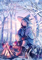 Rule 34 | 1girl, akagi shun, apple, bare legs, bare tree, blue eyes, boots, brown footwear, campfire, capelet, commentary, fantasy, fish, flying fish, food, fruit, full body, fur-trimmed boots, fur trim, gradient sky, hand on own chin, hat, hat feather, koi, log, long hair, looking up, original, outdoors, reeds, sitting, sitting on log, sky, snow, solo, transparent, tree, tunic, white capelet, white hair, white hat, white tunic, witch hat