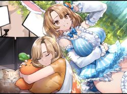 Rule 34 | 1girl, absurdres, animal ears, blue bow, blue dress, blue neckwear, bow, bowtie, breasts, brown eyes, brown hair, bunny ayumi, bunny ayumi (vtuber), carrot, carrot hair ornament, carrot-shaped pillow, cat, closed eyes, closed mouth, commentary, commission, detached sleeves, dreaming, dress, english commentary, fingernails, food-themed hair ornament, garter straps, grass, hair ornament, highres, huge breasts, hugging object, indie virtual youtuber, light rays, long sleeves, looking at viewer, lying, medium hair, monitor, multiple monitors, multiple views, neonbeat, on grass, on stomach, orange shirt, pillow, pillow hug, rabbit ears, shirt, short dress, short sleeves, sleeping, smile, thighhighs, virtual youtuber, white thighhighs