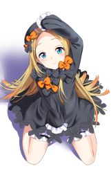 Rule 34 | 1girl, abigail williams (fate), arm up, bad id, bad pixiv id, black bow, black dress, black hat, blonde hair, bloomers, blue eyes, blush, bow, bug, butterfly, closed mouth, commentary request, dress, fate/grand order, fate (series), from above, full body, hair bow, hand on head, hands in opposite sleeves, hat, head tilt, highres, hugging object, insect, long hair, long sleeves, looking at viewer, orange bow, parted bangs, polka dot, polka dot bow, sitting, solo, stuffed animal, stuffed toy, teddy bear, underwear, very long hair, wariza, white background, white bloomers, yuikosoba