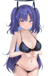 Rule 34 | 1girl, absurdres, bikini, black bikini, blue archive, blue eyes, blush, breasts, cleavage, closed mouth, collarbone, commentary, cowboy shot, groin, hair between eyes, halo, highres, long hair, looking at viewer, medium breasts, na (estrn), navel, purple hair, revision, side-tie bikini bottom, simple background, solo, swimsuit, two side up, white background, yuuka (blue archive)