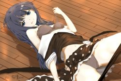 Rule 34 | 1girl, bare shoulders, blue eyes, blue hair, clothes pull, long hair, looking at viewer, lying, magia record: mahou shoujo madoka magica gaiden, mahou shoujo madoka magica, nanami yachiyo, off shoulder, pantyhose, pantyhose pull, partially undressed, sengoku chidori, solo, tongue, tongue out, underwear, undressing