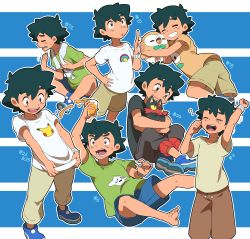 Rule 34 | 1boy, absurdres, ameiro pk, arm up, ash ketchum, barefoot, blue footwear, bracelet, brown eyes, bubble, character print, child, closed eyes, commentary, creatures (company), cup, game freak, gen 1 pokemon, gen 7 pokemon, glass, green hair, green shirt, highres, holding, holding cup, holding pokemon, jewelry, liquid, litten, male focus, multiple views, nintendo, open mouth, pants, pikachu, pokemon, pokemon (anime), pokemon (creature), pokemon sm (anime), rowlet, shirt, shoes, short hair, short sleeves, shorts, smile, solo focus, t-shirt, tearing up, teeth, tongue, upper teeth only, white shirt, yawning, z-ring