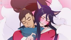 Rule 34 | 1boy, 1girl, absurdres, ahri (league of legends), animal ears, artist name, black hair, blush, brown hair, fox ears, fox girl, fox tail, glowing, glowing eyes, highres, hug, hug from behind, league of legends, long hair, odeko yma, pink background, ponytail, saliva, scar, scar on face, scar on nose, simple background, sleeping, tail, teeth, watermark, yasuo (league of legends)