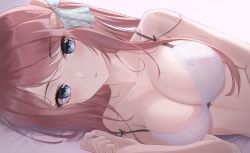 Rule 34 | 1girl, bare arms, bare shoulders, blue eyes, bow, bra, breasts, cleavage, collarbone, hair bow, highres, large breasts, lingerie, long hair, looking at viewer, lying, marinesnow, minamoto sakura, on side, one side up, parted lips, polka dot, polka dot bow, red hair, solo, spaghetti strap, underwear, underwear only, upper body, white bra, zombie land saga