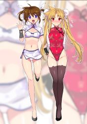 Rule 34 | 2girls, arms behind back, bad id, bad twitter id, blonde hair, breasts, brown hair, brown legwear, bun cover, chinese clothes, cleavage cutout, clothing cutout, covered navel, double bun, embarrassed, fate testarossa, gloves, himukai kyousuke, leotard, long hair, lyrical nanoha, midriff, multiple girls, navel, panties, purple eyes, red eyes, red leotard, shirt, short twintails, shrug (clothing), skirt, small breasts, standing, takamachi nanoha, thigh gap, thighhighs, twintails, underwear, waving, wavy mouth, white gloves, white panties, white shirt, white skirt, zoom layer