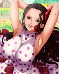 Rule 34 | 1girl, armpits, arms up, artist name, breasts, brown eyes, brown hair, commentary, dress, earrings, english commentary, flamenco, flamenco dress, flower, flower in mouth, hair flower, hair ornament, highres, instagram logo, instagram username, jewelry, large breasts, lips, long hair, looking at viewer, mouth hold, one piece, open mouth, outdoors, petals, polka dot, polka dot dress, rakara11 (rakkarts), rose, solo, sweat, teeth, viola (one piece)
