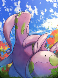 Rule 34 | closed mouth, cloud, commentary request, creatures (company), day, game freak, gen 6 pokemon, goodra, goomy, green eyes, highres, looking up, nintendo, no humans, nullma, outdoors, pokemon, pokemon (creature), sky, smile