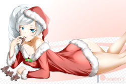 Rule 34 | 1girl, ass, bare shoulders, blue eyes, christmas, dress, gingerbread man, hat, highres, kimmy77, long hair, looking at viewer, lying, on stomach, open mouth, rwby, santa costume, santa hat, scar, scar across eye, scar on face, shiny skin, side ponytail, silver hair, smile, solo, thighhighs, weiss schnee