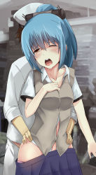 Rule 34 | 1girl, blue hair, blue skirt, blush, brown hair, clothed sex, clothes pull, hand on another&#039;s hip, highres, huayingzhan, implied sex, one eye closed, panties, panty pull, partially undressed, pink panties, prinz eugen (warship girls r), saliva, sex, skirt, skirt pull, solo focus, underwear, uniform, vest, warship girls r