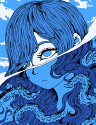 Rule 34 | 1girl, air bubble, artist name, blue eyes, blue sky, blue theme, bubble, cloud, expressionless, long hair, monochrome, omocat, original, outdoors, partially submerged, partially underwater shot, portrait, sky, solo, tentacles, water