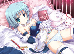 Rule 34 | 10s, 1girl, :3, bare shoulders, belt, blue eyes, blue hair, blush, cameltoe, elbow gloves, fujimoto akio, gloves, kyubey, lying, magical girl, mahou shoujo madoka magica, mahou shoujo madoka magica (anime), midriff, miki sayaka, no pants, on back, open mouth, panties, pillow, red eyes, short hair, striped clothes, striped panties, sword, thighhighs, underwear, weapon, white thighhighs
