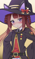 Rule 34 | 1girl, :&lt;, animal ears, belt, blush, brown hair, commentary request, hair rings, hat, horse ears, kayama kenji, long hair, looking at viewer, purple eyes, ribbon, simple background, solo, sweep tosho (umamusume), twintails, umamusume, witch hat, yellow background