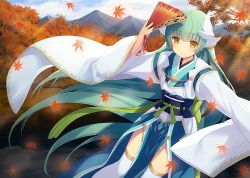 Rule 34 | 1girl, absurdly long hair, arm up, autumn leaves, blue sky, cloud, cloudy sky, day, fate/grand order, fate (series), floating hair, folding fan, green hair, hand fan, holding, holding fan, japanese clothes, kimono, kiyohime (fate), leaf, light rays, long hair, maple leaf, mountain, nature, outdoors, over-kneehighs, paper fan, pelvic curtain, sash, sky, smile, solo, thighhighs, very long hair, white kimono, white thighhighs, wide sleeves, yashiro seika, yellow eyes