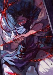 Rule 34 | 1boy, baggy pants, black hair, blood, blood on face, choso (jujutsu kaisen), closed mouth, dutch angle, feet out of frame, glowing, glowing eyes, glowing tattoo, half-closed eyes, highres, incoming attack, japanese clothes, jujutsu kaisen, kimono, looking at viewer, male focus, own hands together, pants, red eyes, rumie, sash, scarf, serious, solo, standing, swept bangs, tattoo, twintails, white kimono, wide sleeves