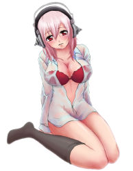 Rule 34 | 1girl, bad id, bad pixiv id, blush, bra, breasts, cleavage, female focus, headphones, kneehighs, large breasts, lingerie, long hair, looking at viewer, nitroplus, open clothes, pink hair, pinup (style), see-through, shirt, socks, solo, super sonico, underwear, wet, wet clothes, whats9ka