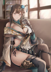 Rule 34 | 1girl, asymmetrical gloves, asymmetrical legwear, black gloves, black legwear, black panties, bookshelf, breasts, brown eyes, brown hair, cleavage, commentary, couch, gauntlets, gloves, granblue fantasy, hair ornament, hairpin, highres, large breasts, light smile, long hair, looking at viewer, panties, shura (granblue fantasy), side-tie panties, single gauntlet, single glove, sitting, solo, sunlight, thighs, tranquility of nature, underwear, uneven gloves, uneven legwear, very long hair, window