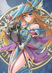 Rule 34 | 1girl, absurdres, adjusting clothes, adjusting headwear, bare shoulders, blue eyes, blush stickers, breasts, brown hair, duel monster, hair between eyes, hat, highres, holding, holding staff, large breasts, long hair, magician&#039;s valkyria, misakura aoi, solo, staff, vambraces, yu-gi-oh!