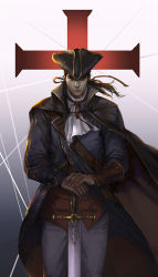 Rule 34 | 1boy, assassin&#039;s creed, assassin&#039;s creed (series), assassin&#039;s creed iii, belt, brown eyes, brown hair, cape, coat, cross, hat, haytham kenway, long hair, male focus, narrator (nobody), pants, shirt, solo, sword, trench coat, tricorne, weapon
