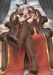 Rule 34 | 1girl, animal ears, artist request, blush, crossed legs, feet, female focus, femdom, fishnet thighhighs, fishnets, foot focus, freesia (granblue fantasy), from below, glasses, granblue fantasy, grey eyes, hair over one eye, head rest, looking at viewer, nipples, no shoes, one breast out, parted lips, pov, see-through, see-through legwear, silver hair, sitting, smile, soles, solo, thighhighs, throne