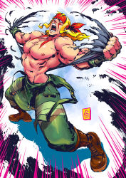 Rule 34 | 1boy, abs, alex (street fighter), blonde hair, blue eyes, boots, clothes around waist, combat boots, emphasis lines, facial tattoo, fingerless gloves, gloves, headband, long hair, male focus, manos lagouvardos, muscular, open mouth, overalls, topless male, solo, street fighter, street fighter iii (series), tattoo, tearing clothes, torn clothes